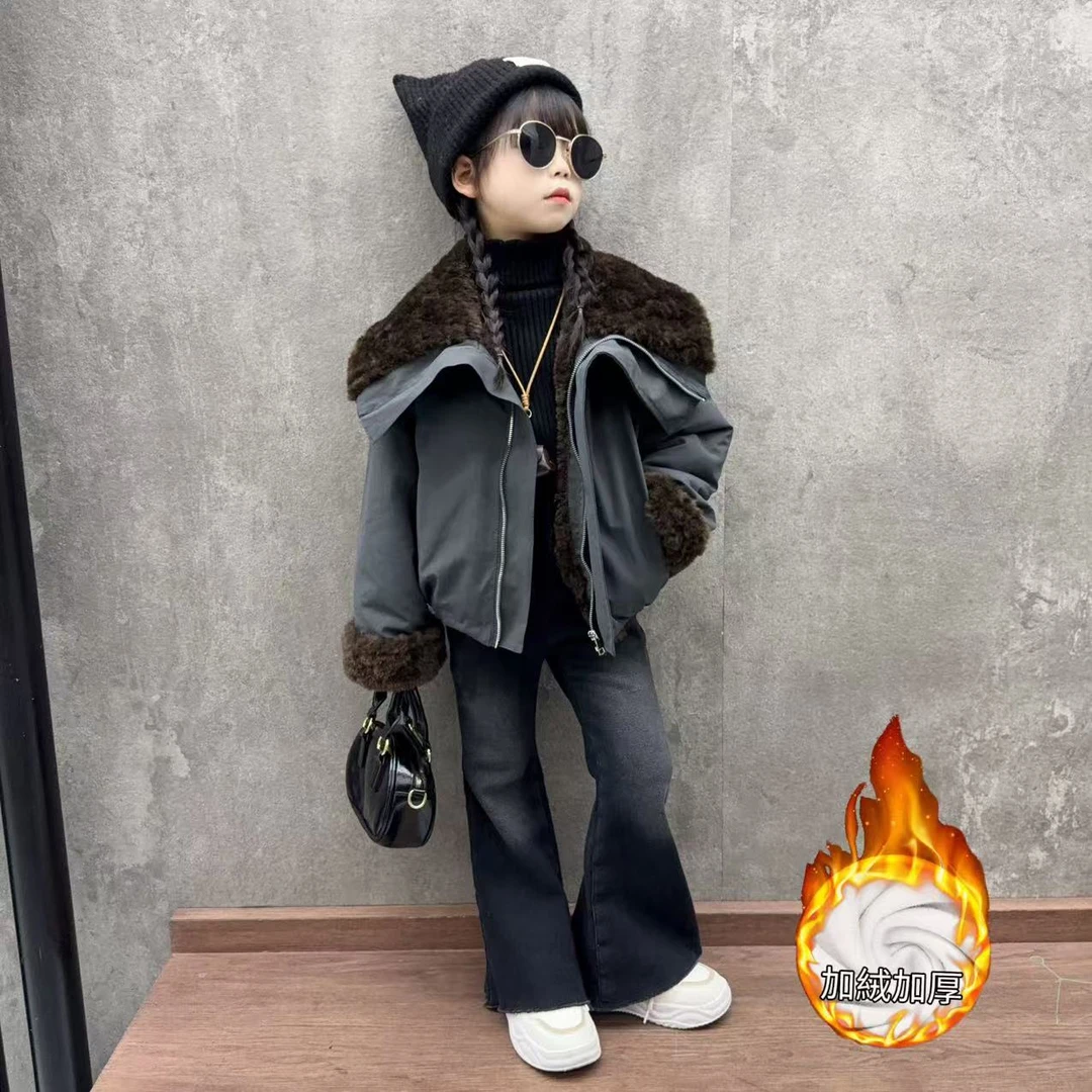 女童秋冬装新款洋气大翻领派克服中大童加厚短款外套牛仔裤套装