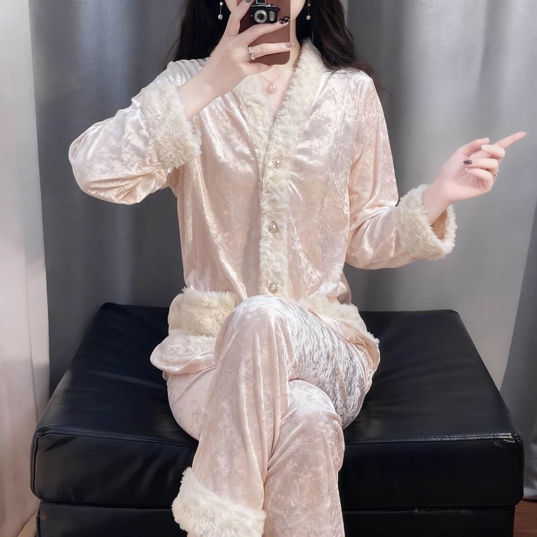 tpvl2025新款半边绒睡衣女秋冬套装春秋家居服长袖毛边粉色可外穿