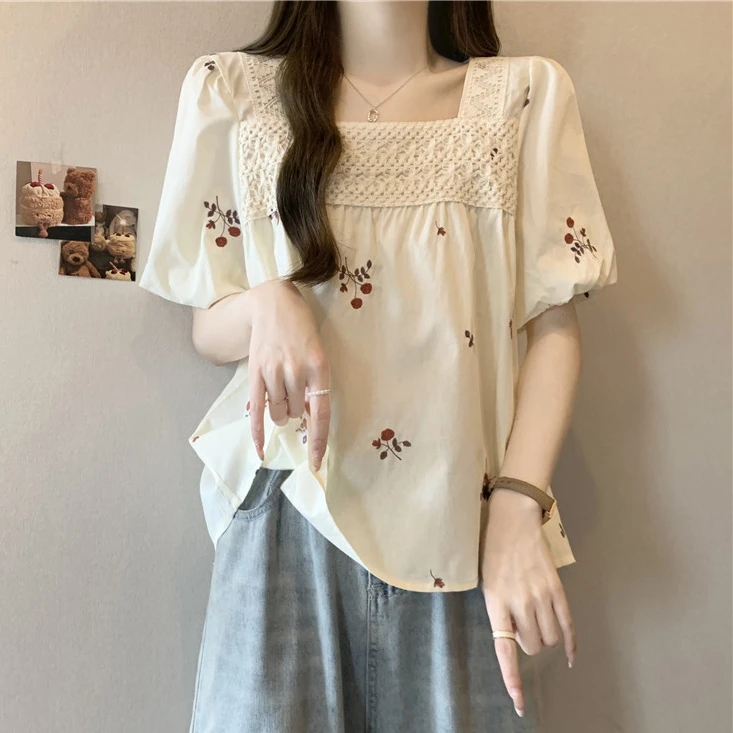 大码禅意法式蕾丝方领泡泡袖短袖衬衫女夏季遮肚刺绣娃娃衫上衣