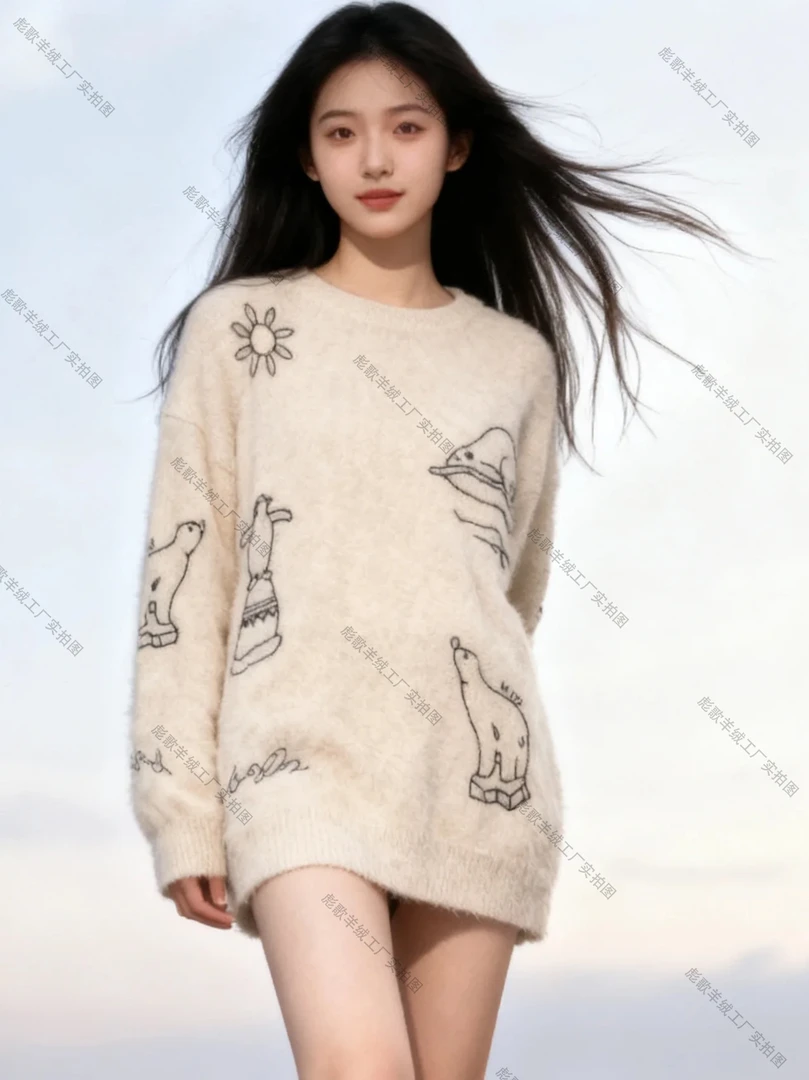 大牌设计师重工刺绣100%拉绒山羊绒慵懒风动物图案线描套头针织衫