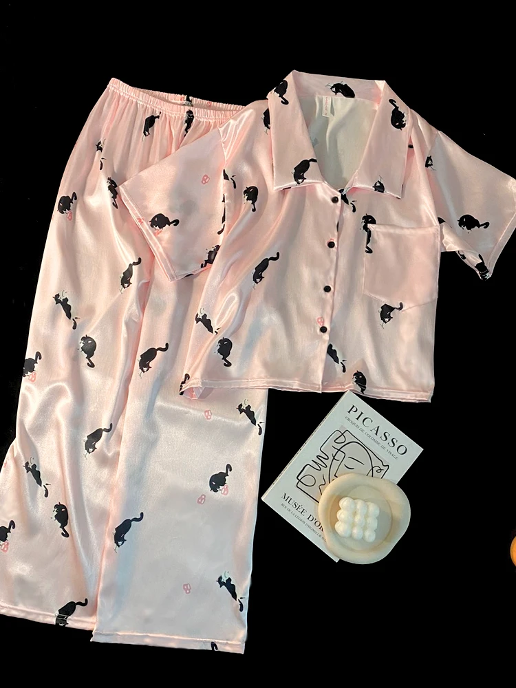 冰丝凉感睡衣女夏季新款小猫印花短袖长裤高级感可外穿家居服套装