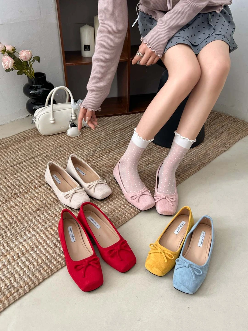 【甜美蝴蝶结方头增高女鞋】五色温柔系少女风 绒面春款日常穿搭