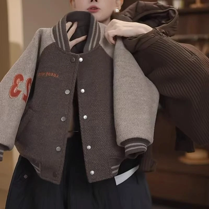 女童毛呢加厚外套秋冬新款韩版宝宝洋气圆领咖色刺绣夹棉棒球服潮