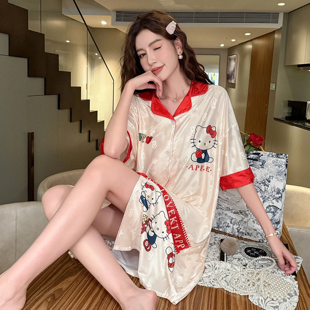 夏季冰丝提花睡裙女短袖薄款宽松大码可爱卡通休闲夏天睡衣