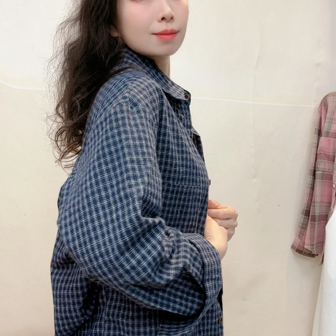 复古法式格子衬衫女宽松纯棉衬衫百搭显瘦休闲春秋格纹