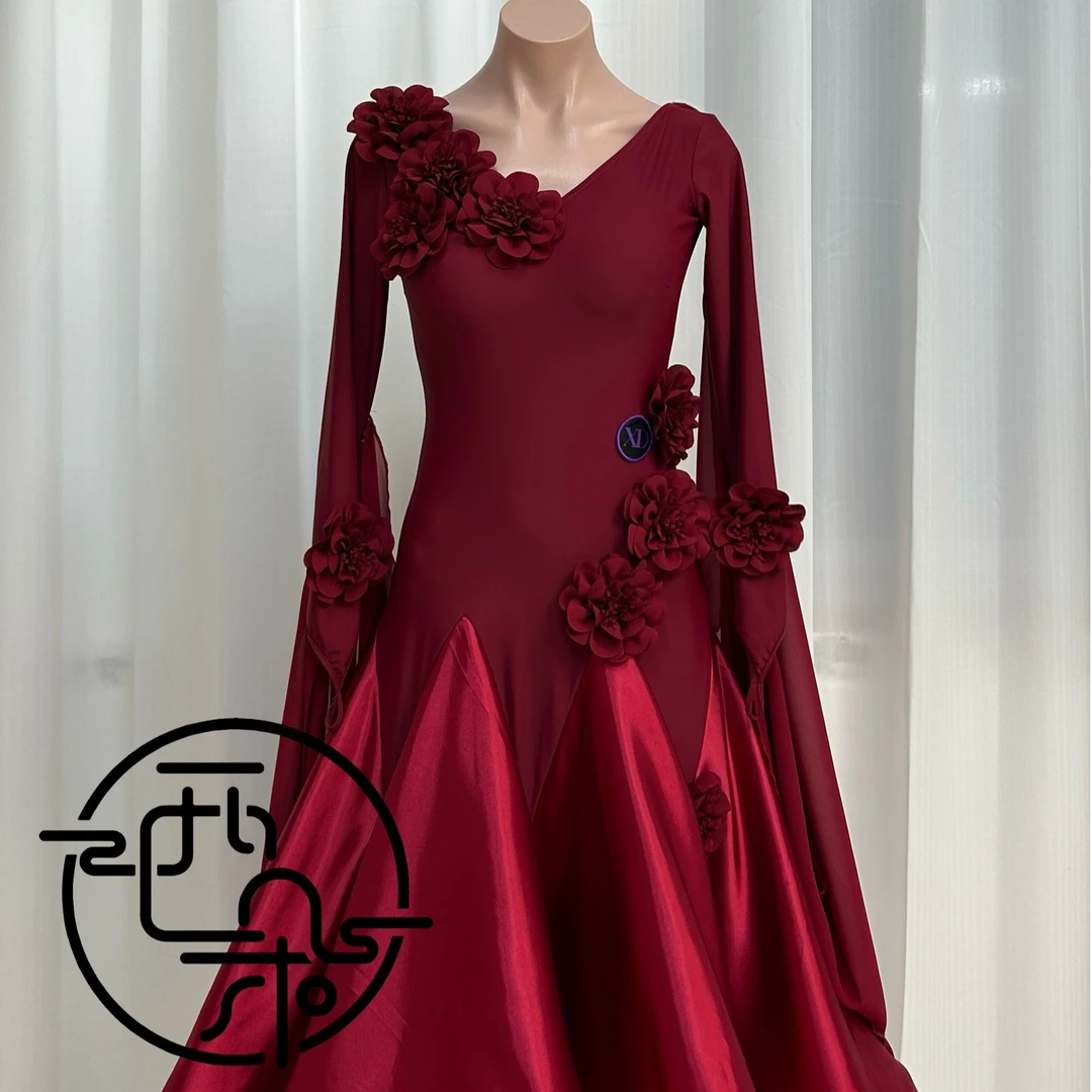 西朵舞服摩登舞缎面花朵重工表演裙XD507