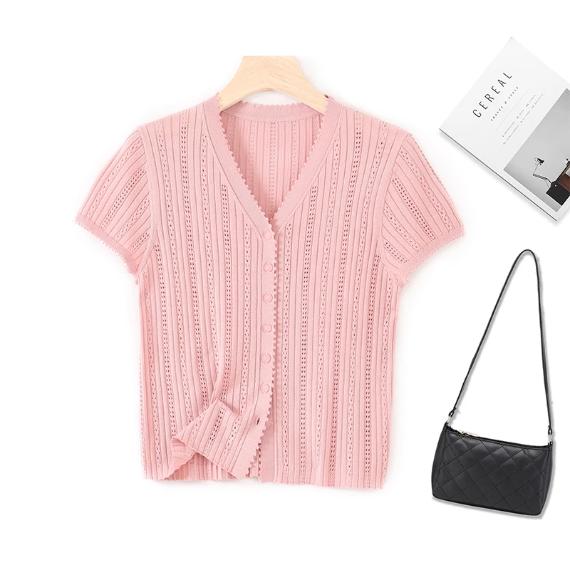 【霖霖】醋纤+莱赛尔 2025夏季新款休闲V领镂空针织开衫女上衣
