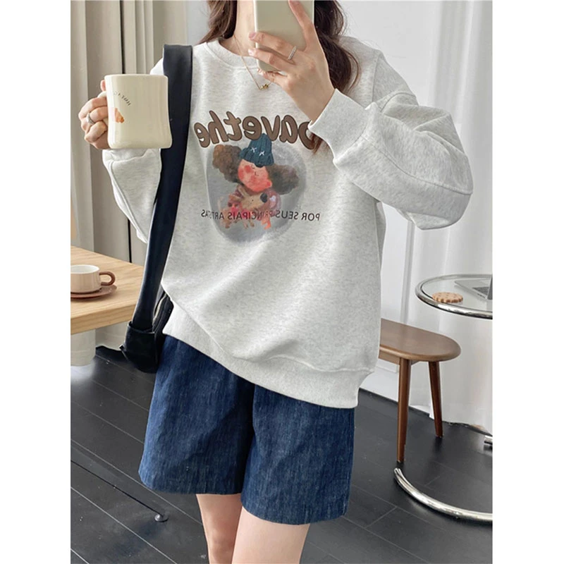 ins复古大码宽松无帽女卫衣秋冬季新款胖mm印花设计感上衣服2