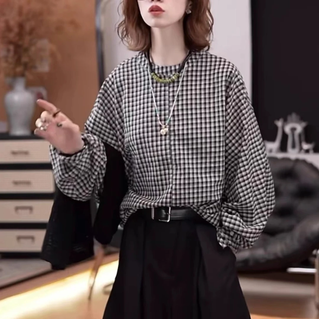 设计感简约复古黑白格衬衣长袖女2025早秋新款百搭休闲宽松上衣
