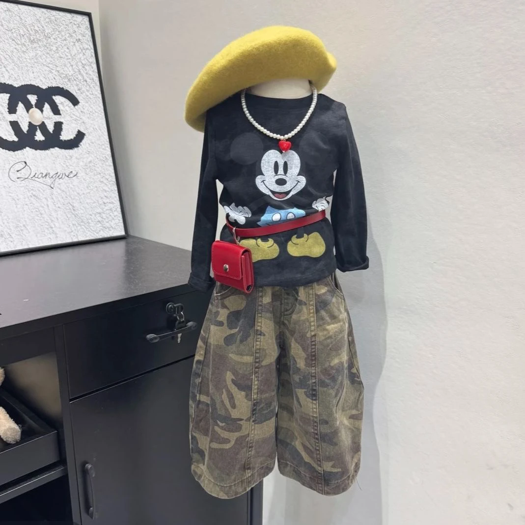 女童秋季韩版套装2025新款女童洋气卡通长袖迷彩休闲裤网红两件套