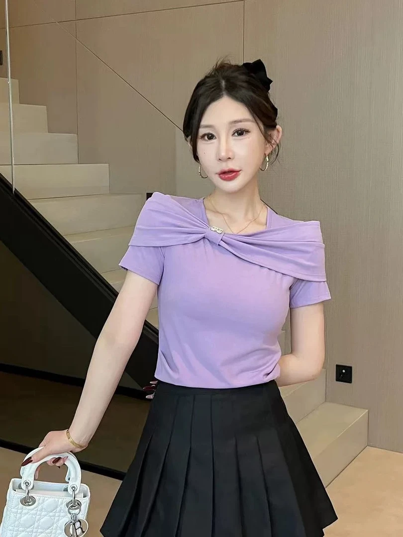 2025设计感法式甜美蝴蝶结方领短袖新款修身显瘦减龄上衣女