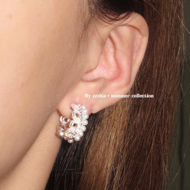 合金仿珍珠耳饰 Ballet Story·蕾丝物语～Ins手工编织贝珠蕾丝耳环