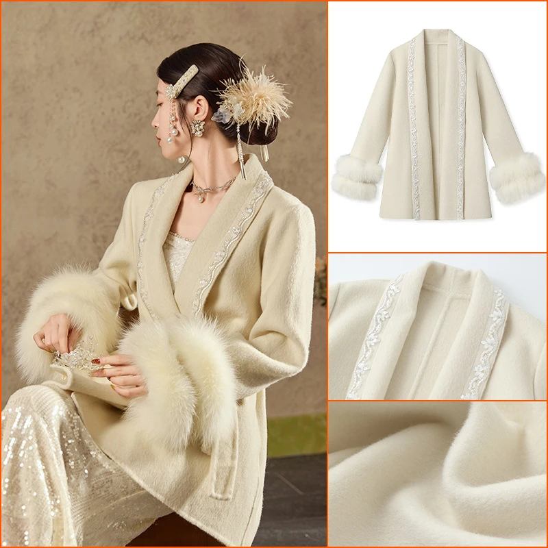 现货高端秋冬季2025新款国风新中式双面呢袖口狐狸毛羊毛大衣外套