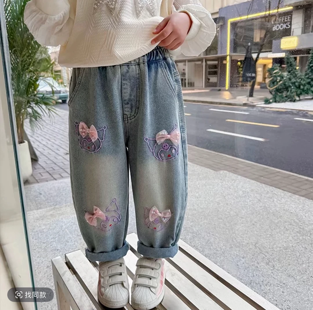 库洛米女童牛仔裤春秋季2025新款儿童裤子洋气宝宝春装休闲老爹裤