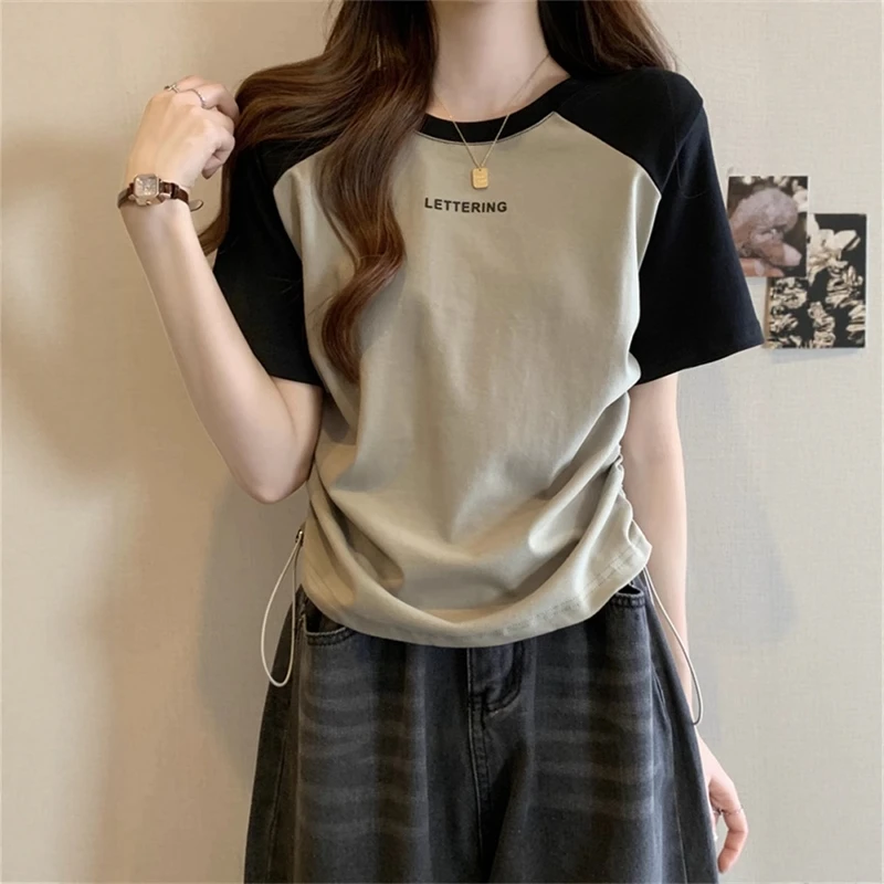 美式复古抽绳设计感正肩短袖t恤女夏季别致甜辣插肩袖短款小上衣