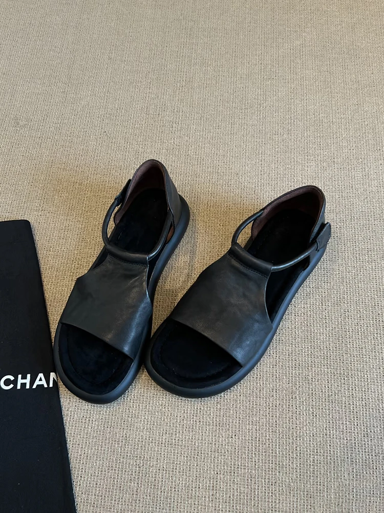 简约露趾凉鞋女夏季通勤百搭不累脚复古风厚底法式休闲罗马平底鞋