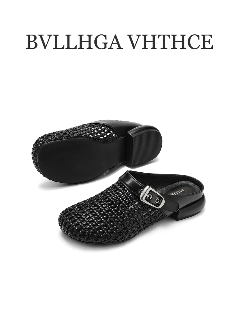 BVLLHGA VHTHCE 新款手工编织胎牛拖鞋外穿镂空百搭低跟女鞋350