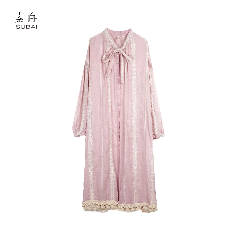 素白【粉漾】春夏新款苎麻刺绣拼接浪漫开衫长袍裙子SB2412CP00866