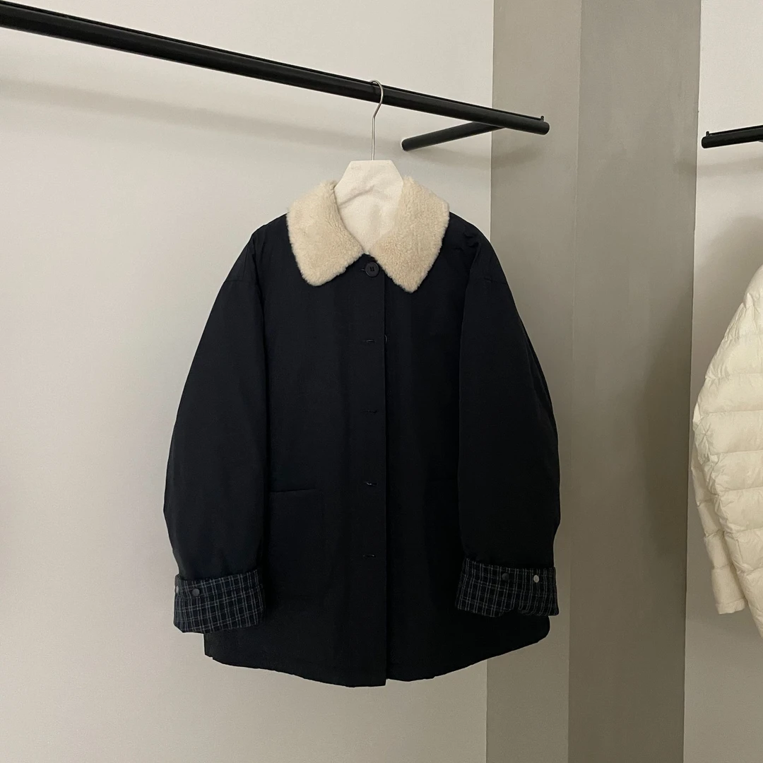 CAICAI/冬季休闲羊羔绒中长款风衣羽绒服外套女-852