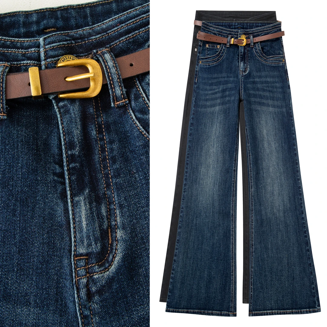 高腰蓝色牛仔裤女2025秋冬新款宽松微喇直筒外穿百搭长裤潮7943