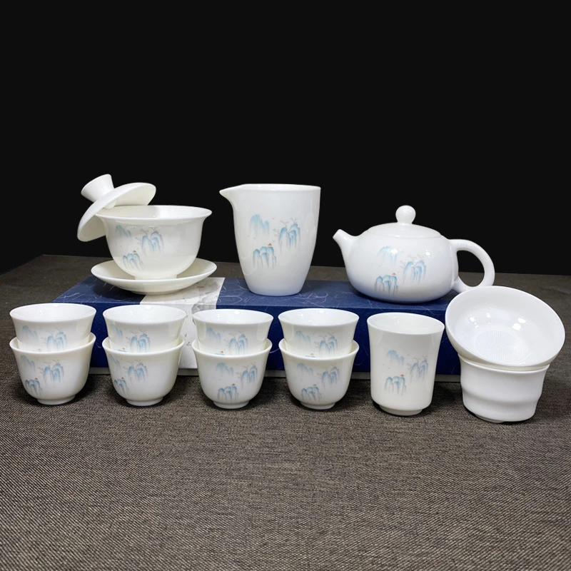 羊脂玉瓷青山茶具套装悬停盖碗整套茶杯主人杯功夫茶壶高端