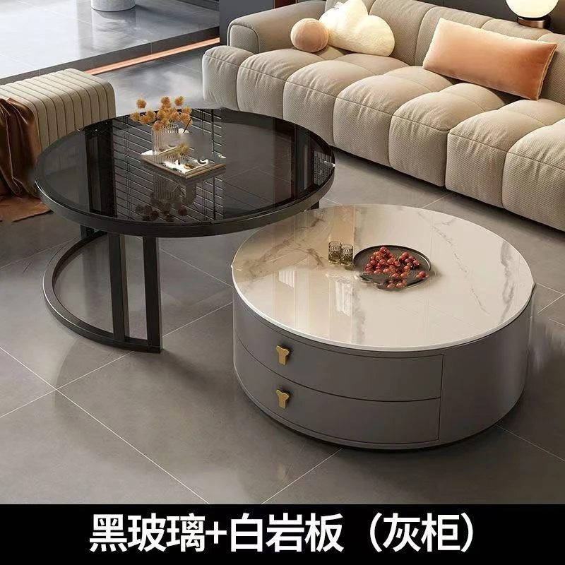 岩板茶几家用客厅北欧风组合茶几简约现代桌子网红大理石圆形茶桌