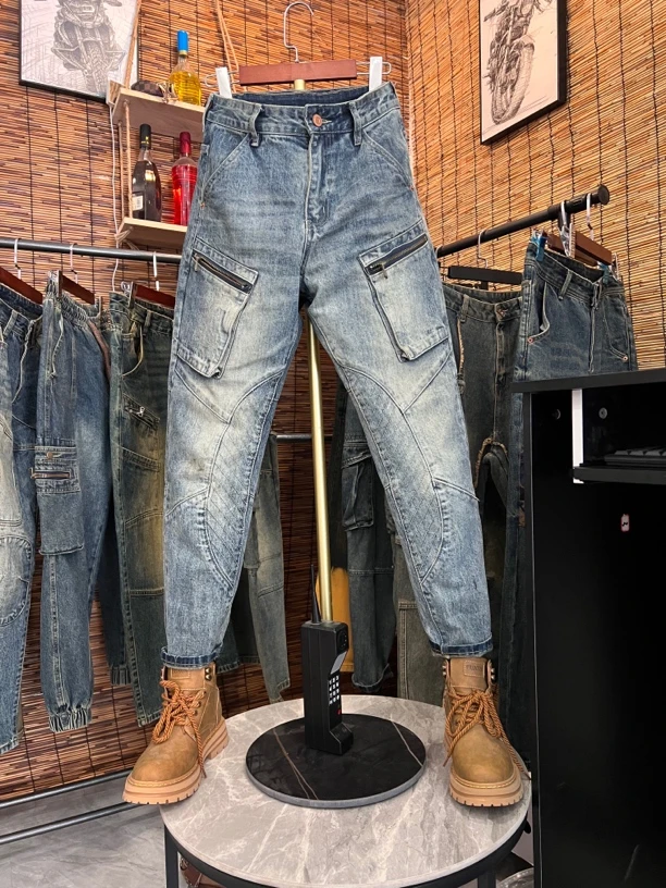 2025春季机能风牛仔裤男士小直筒裤子个性小众设计拼接立体剪裁