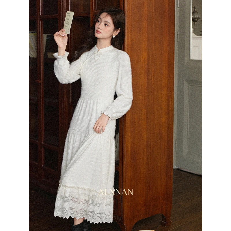 「清清」新中式杏色长袖连衣裙秋季新款气质减龄长裙女士