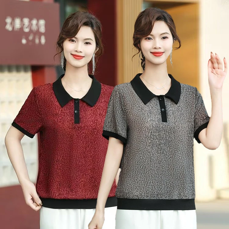 夏季新款娃娃领撞色轻薄透气显瘦中老年女装短袖上衣