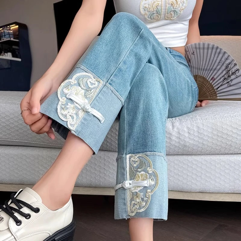 新中式国风牛仔裤女春夏2025小个子盘扣刺绣直筒裤高腰直筒烟管裤