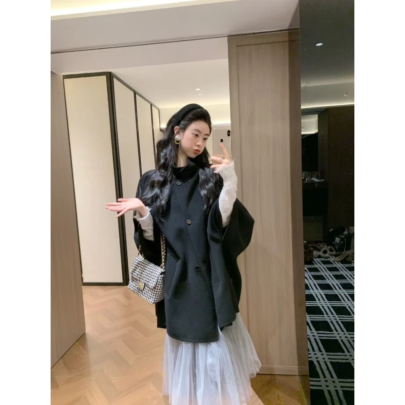 赫本风复古黑色双面大衣女宽松毛呢斗篷外套秋冬氛围感网纱半身裙