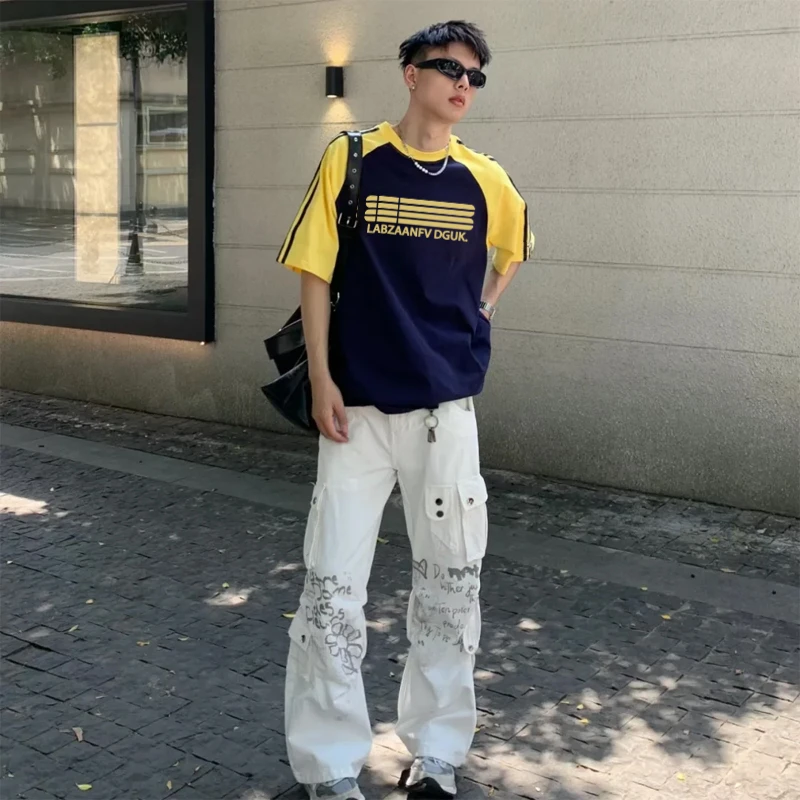 labzaa美式创意字母印花三条杠上衣夏季纯棉拼接短袖男女圆领T恤