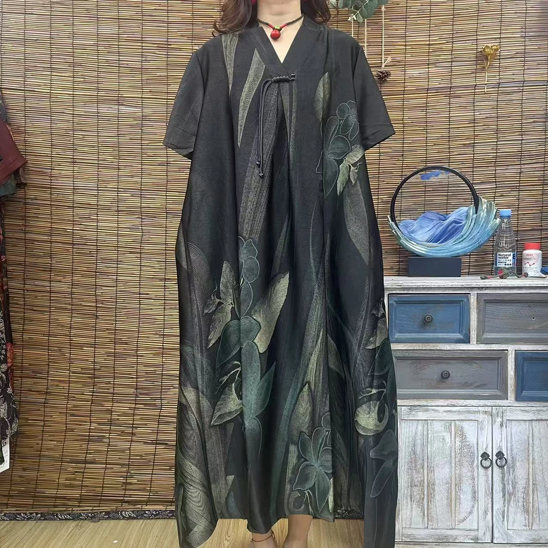6159秋款新款V玲黑底水墨花朵长款大摆连衣裙时尚文艺复古