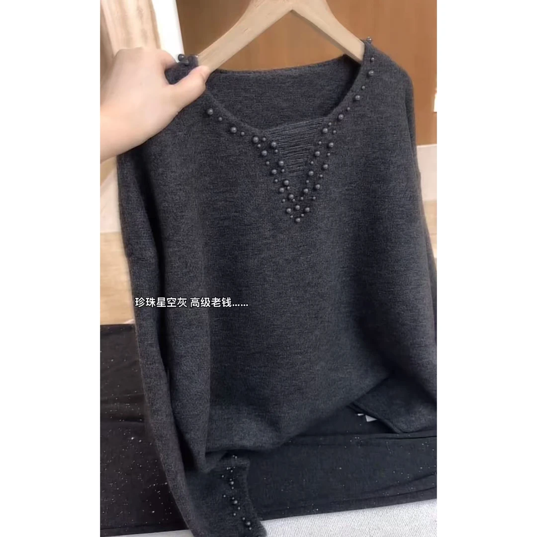 针织长袖V领慵懒风圆领毛针织衫秋冬韩版时尚高级感