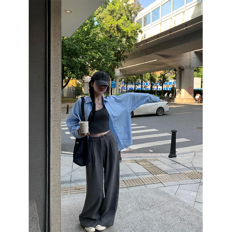 2025春季新款高级感简约百搭POLO领长袖衬衫上衣高腰直筒阔腿裤女