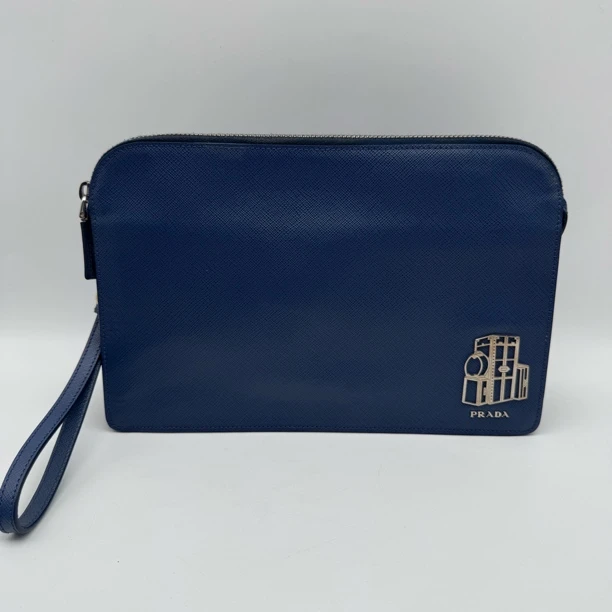 99新 Prada/普拉达 98新深蓝色十字纹手拿包/男士2391
