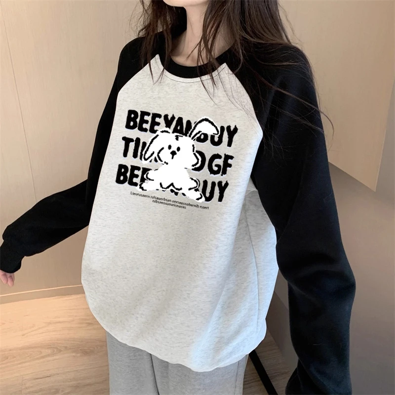 大码300斤可爱小狗撞色卡通插肩袖男女秋冬宽松韩版圆领休闲卫衣