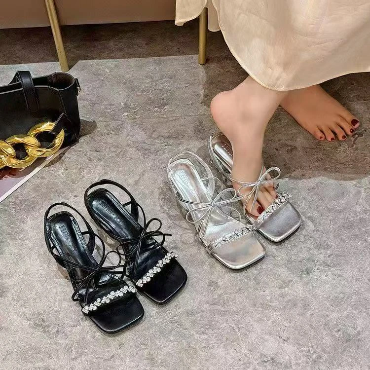 水钻凉鞋女款2025夏季新款高跟鞋外穿绝美仙女风法式粗跟凉拖鞋子