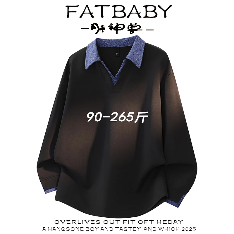 2025秋季大码新款卫衣男韩版潮流V领拼接长袖宽松翻领休闲上衣