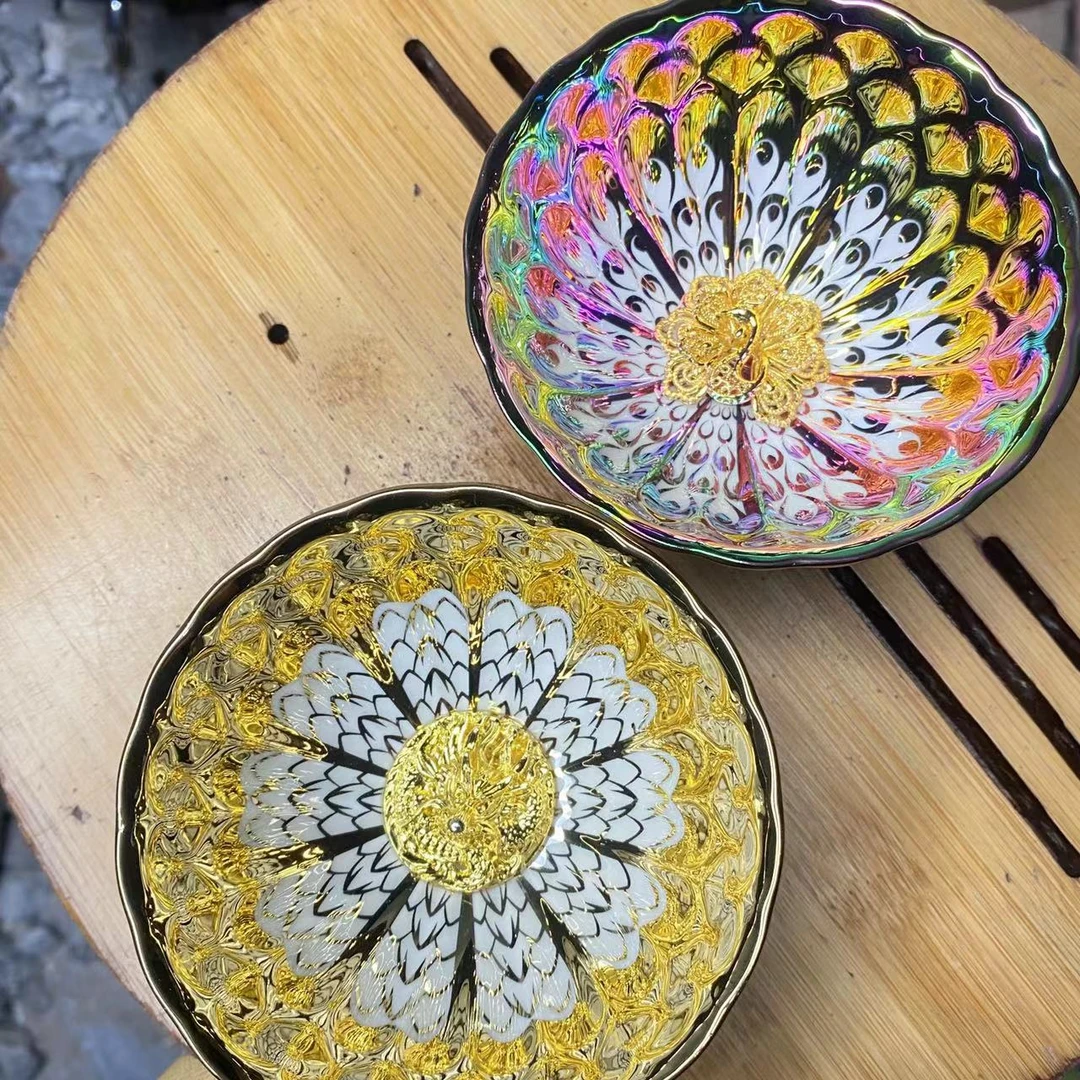 手工茶器 金玉满堂金龙+梦幻之羽孔雀对杯