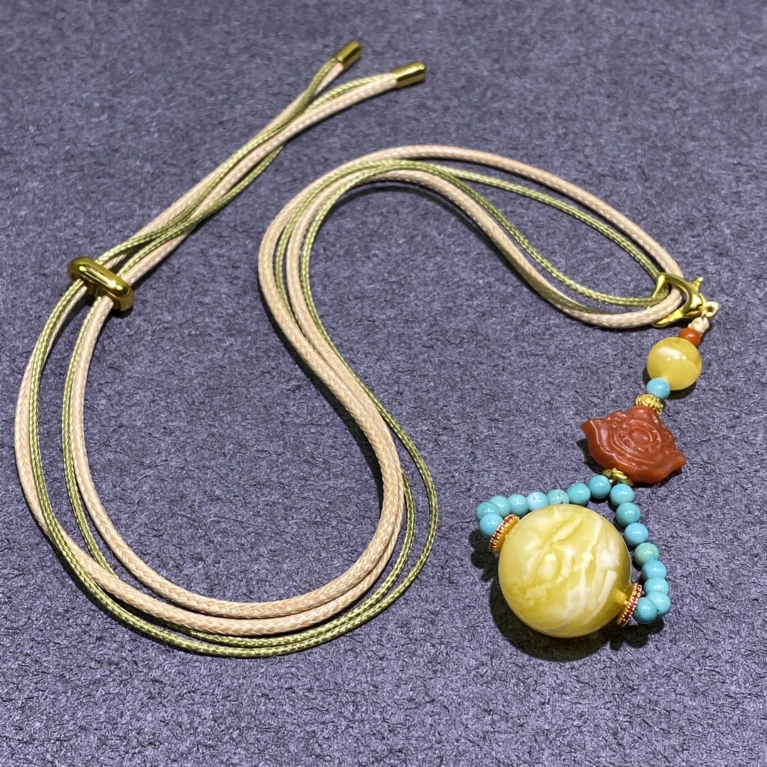 【七七八珠宝】金妖白圆珠diy绿松石&南红吊坠18mm