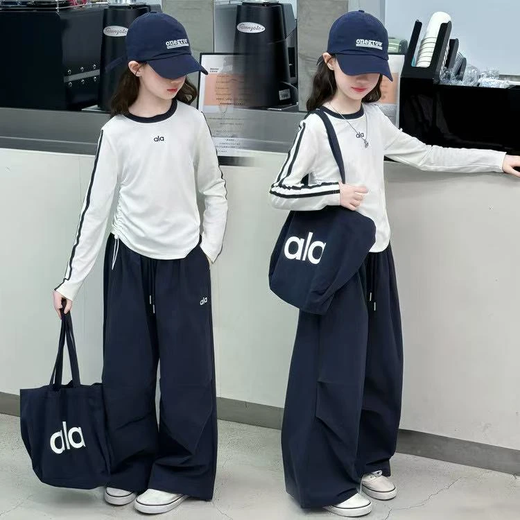 女童新款秋季女童潮流童装2025秋儿童套装字母长袖T恤休闲裤套装
