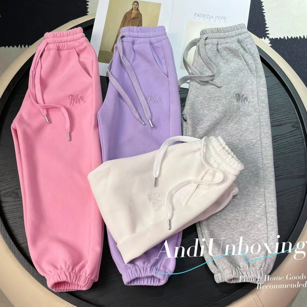 〖ANDI〗订制秋款中大童纯色刺绣卫裤百搭束脚裤2667