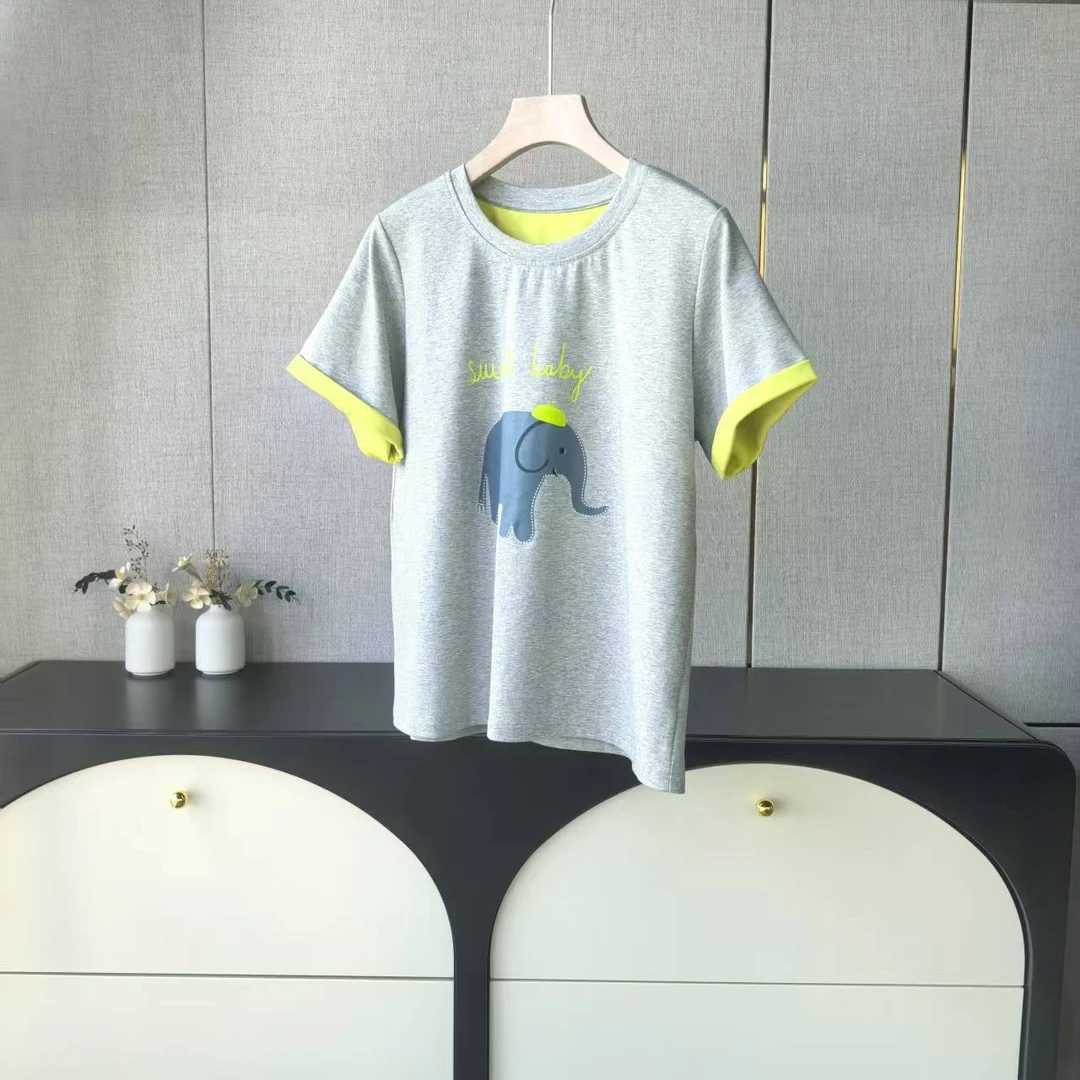 木子家I    22880【大象胶印双织卷边T】圆领撞色字母印花短袖