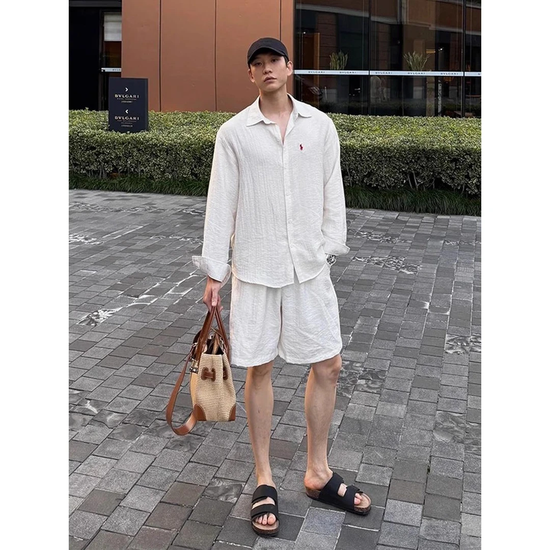 白色男士冰丝长袖衬衫宽松老钱风亚麻一整套穿搭冷淡系高级感衬衣