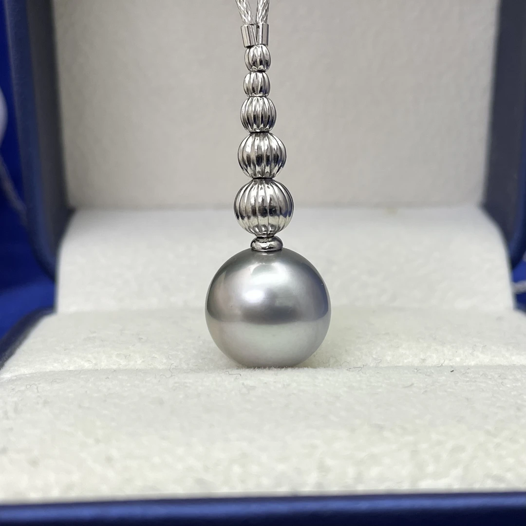 海水珍珠大溪地铂金灰极强光极微瑕13.1mm正正圆吊坠S925银镶嵌
