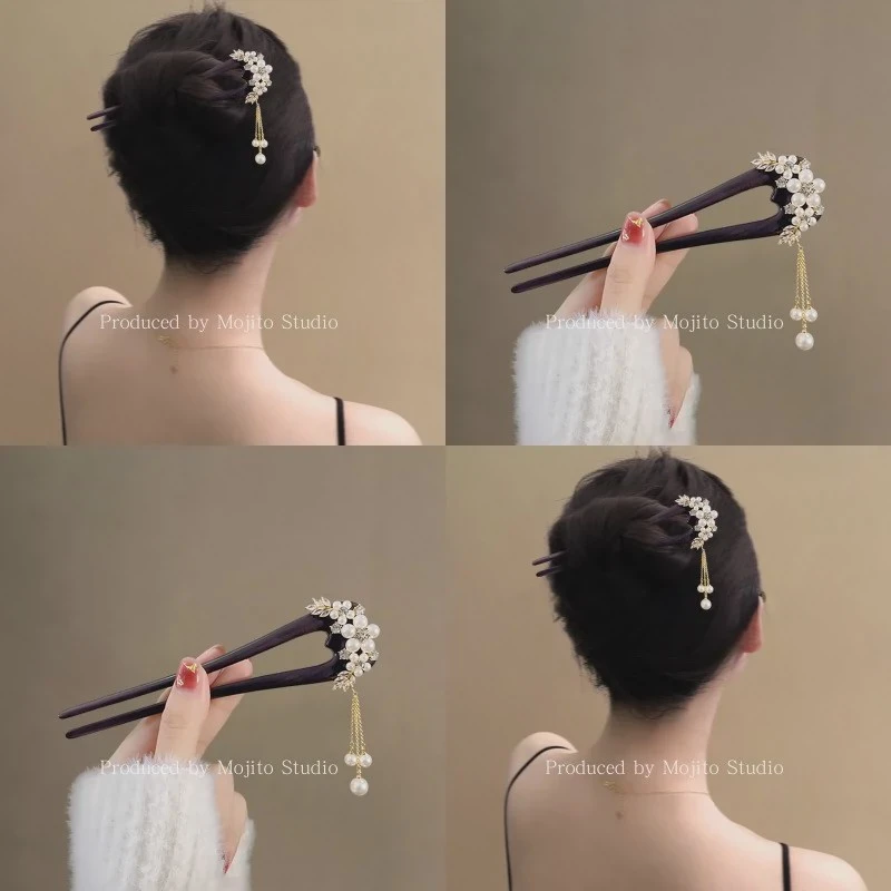 花样年华~珍珠花朵檀木发钗女高级感古风新中式盘发发簪后脑勺钗