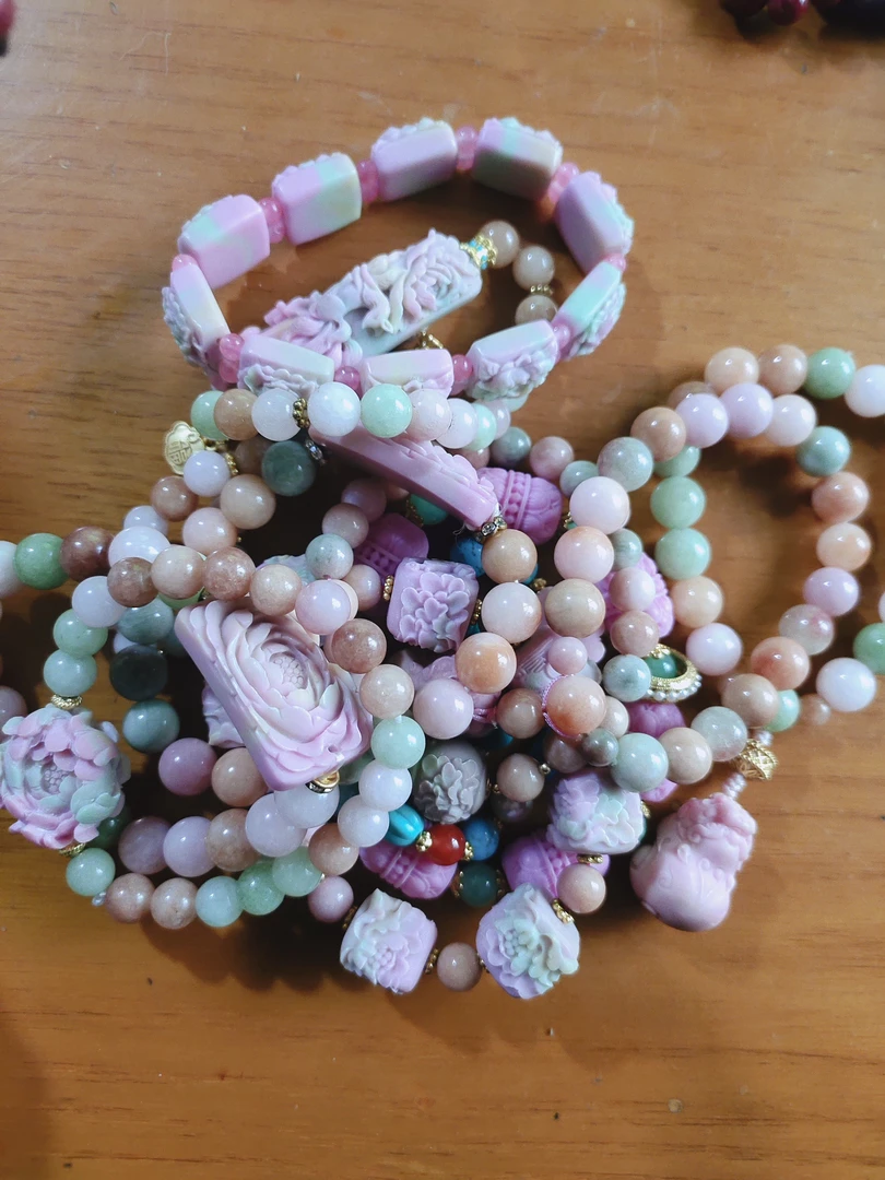 非金属合成锆石手链 粉色雕刻手工手串