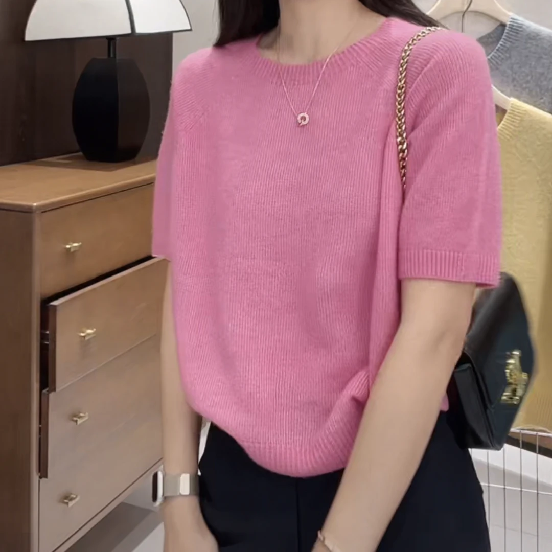 秋新款设计感纯色时尚百搭针织套头短袖2025早秋纯色减龄圆领上衣