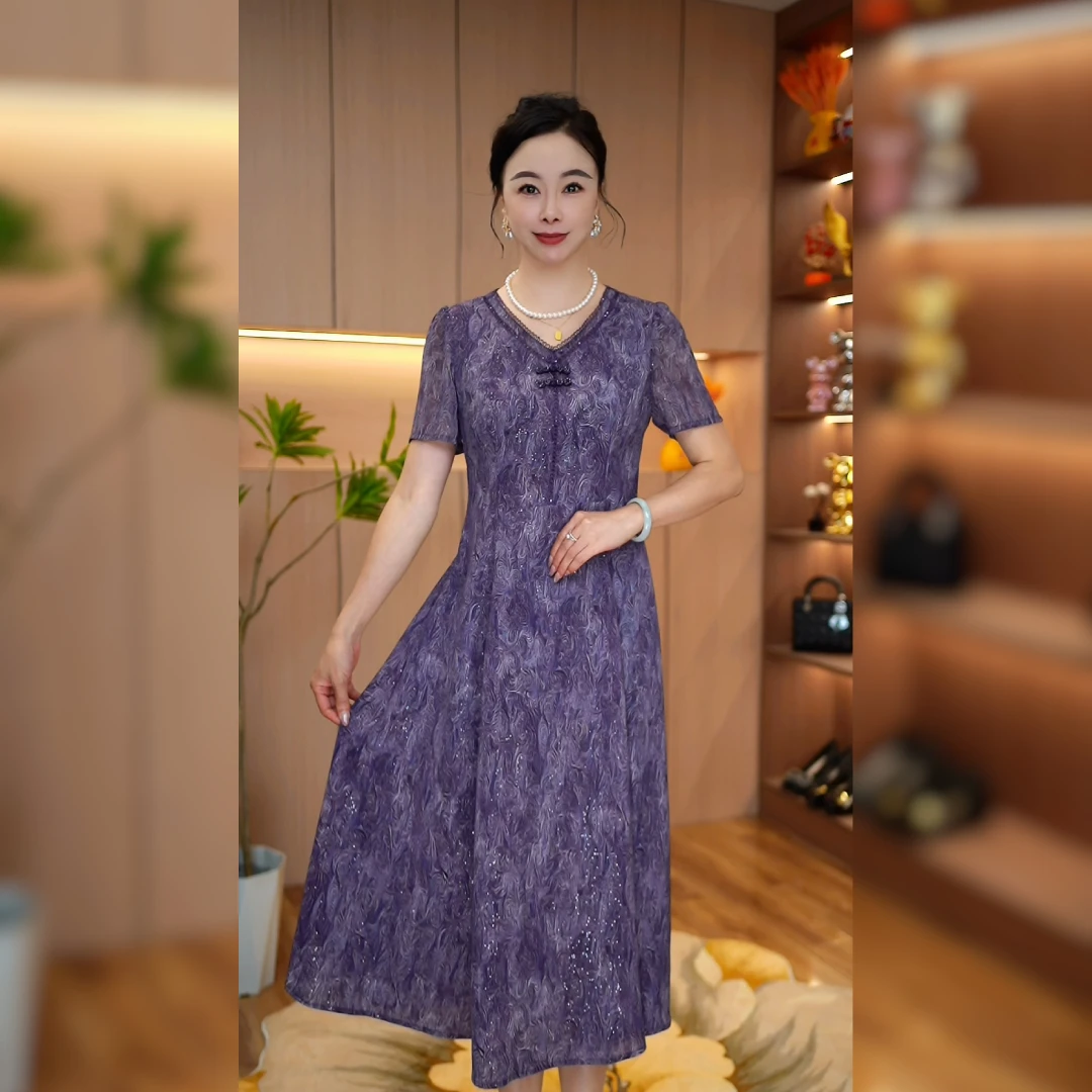 2025夏季新款连衣裙中长裙印花宽松长裙短袖款洋气时尚显瘦